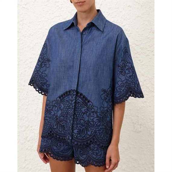 Zimmermann Coco Embroidered Denim Skjorte, Railway Blue